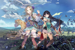 Rule 34 | 2girls, armlet, armor, arrow (projectile), atelier (series), atelier firis, bag, bird, black hair, boots, bow, brown hair, dagger, day, female focus, firis mistlud, garter straps, gloves, green eyes, gust, hair ornament, highres, holding, knife, lantern, liane mistlud, long hair, looking at viewer, map, multiple girls, noco (adamas), official art, outdoors, plaid, plaid skirt, pleated skirt, quiver, shoulder bag, siblings, sisters, skirt, smile, standing, thigh boots, thighhighs, very long hair, weapon, yuugen
