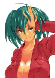 Rule 34 | 1girl, breasts, dark skin, earrings, female focus, green hair, haiboku, hand in own hair, highres, ikkitousen, jacket, jewelry, large breasts, long hair, no bra, ryofu housen, shiny skin, simple background, solo, suit jacket, twintails, upper body, white background