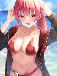 Rule 34 | 1girl, :d, arms up, beach, bikini, black jacket, blush, breasts, cleavage, cloud, collarbone, gold necklace, gold trim, heart, heart necklace, heterochromia, highres, hololive, houshou marine, houshou marine (summer), jacket, jewelry, long hair, looking at viewer, medium breasts, navel, necklace, no headwear, ocean, official alternate costume, open mouth, ponytail, red bikini, red eyes, red hair, scarf (50464982), sky, smile, solo, stomach, swimsuit, two-sided fabric, two-sided jacket, upper body, virtual youtuber, water, yellow eyes