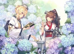Rule 34 | 2girls, blue eyes, book, breasts, brown eyes, brown hair, cherry blossoms, flower, hair flower, hair ornament, hand fan, head tilt, himeyamato, iowa (kancolle), japanese clothes, kantai collection, kimono, long hair, looking to the side, medium breasts, multiple girls, open mouth, ponytail, reading, smile, star (symbol), symbol-shaped pupils, very long hair, yamato (kancolle), yamato kai ni (kancolle)