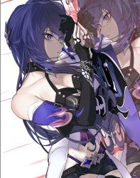 Rule 34 | 1girl, acheron (honkai: star rail), armpit crease, bandaged arm, bandaged leg, bandages, belt, black belt, black choker, black gloves, black shorts, breasts, chain, chain around arm, choker, cleavage, coat, collarbone, commentary, commentary request, criss-cross halter, gloves, hair ornament, halterneck, highres, honkai: star rail, honkai (series), kamino eru, large breasts, long hair, looking at reflection, midriff, navel, partial commentary, purple eyes, purple hair, reflection, shorts, single bare shoulder, solo, thighs, unfinished, very long hair, white coat