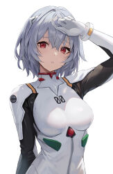 Rule 34 | 1girl, arms up, ayanami rei, blue hair, blush, bodysuit, breasts, gloves, grey hair, hair ornament, hairpods, highres, komura hiroto, large breasts, looking at viewer, medium breasts, neon genesis evangelion, nerv, pilot suit, plugsuit, red eyes, short hair, simple background, solo, white background, white bodysuit