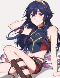 Rule 34 | 1girl, armband, bare shoulders, blue eyes, blue hair, body markings, breasts, crest, dark blue hair, family crest, feet out of frame, fire emblem, fire emblem awakening, fire emblem cipher, floral print, highres, knees up, long hair, looking at viewer, lucina (fire emblem), midriff, navel, nintendo, o-ring, o-ring bottom, official alternate costume, peach11 01, sitting, small breasts, smile, solo, surfboard, swimsuit, tiara, watermark