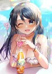 Rule 34 | 1girl, ;d, alternate costume, bare shoulders, blue hair, blush, bottle, breasts, cleavage, collarbone, commission, dress, drink, drinking straw, fire emblem, heart, highres, holding, holding drink, juice, large breasts, long hair, looking at viewer, nintendo, one eye closed, open mouth, oribe tsubasa, skeb commission, sleeveless, sleeveless dress, smile, soda bottle, solo, sundress, sunlight, tokyo mirage sessions fe, white dress, yam (yamap mako)