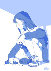 Rule 34 | 1girl, ass, bare shoulders, blue theme, blush, breasts, glock, gun, hair ornament, hairclip, handgun, highres, jacket, long hair, matatabeat, monochrome, naked jacket, original, shell casing, shoes, sitting, sneakers, solo, weapon