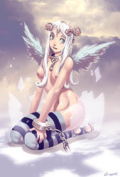 Rule 34 | 1girl, blue eyes, breasts, chain, cleavage, collar, cross, cuffs, egg, genzoman, horns, kneeling, large breasts, lips, nipples, original, shackles, solo, striped clothes, striped thighhighs, thighhighs, toeless legwear, white hair, wings