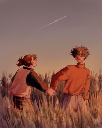 Rule 34 | 1boy, 1girl, brown hair, dream smp, gradient sky, highres, holding hands, jacket, long sleeves, looking at another, nihachu, ponytail, real life, reminiza, sky, sweater, turtleneck, turtleneck sweater, wilbur soot
