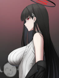 Rule 34 | 1girl, 1other, black hair, black jacket, blazer, blue archive, breasts, doodle sensei (blue archive), gradient background, halo, jacket, jacket partially removed, junu (jwoo5627), large breasts, long hair, looking at viewer, profile, red eyes, ribbed sweater, rio (blue archive), sensei (blue archive), sideways glance, simple background, sleeveless, sleeveless sweater, straight hair, sweater, upper body, very long hair, white sweater