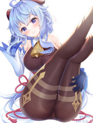 Rule 34 | 1girl, ahoge, ass, bare shoulders, bell, black gloves, blue hair, blush, bodystocking, breasts, brown legwear, chinese commentary, closed mouth, commentary request, dated, detached sleeves, feet out of frame, ganyu (genshin impact), genshin impact, gloves, hand in own hair, head tilt, highres, horns, kneepits, large breasts, legs, legs up, long hair, long sleeves, looking at viewer, miaogujun, neck bell, purple eyes, red ribbon, ribbon, signature, simple background, smile, solo, very long hair, white background