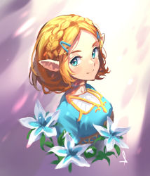 Rule 34 | 1girl, blonde hair, blue eyes, blue shirt, blush, braid, closed mouth, crown braid, flower, forehead, from side, hair ornament, hairclip, highres, looking at viewer, looking to the side, nintendo, parted bangs, pointy ears, portrait, princess zelda, shijohane, shirt, short hair, signature, silent princess, smile, solo, the legend of zelda, the legend of zelda: breath of the wild, the legend of zelda: tears of the kingdom, two-tone background, white flower