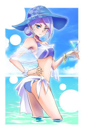 Rule 34 | 1girl, alcohol, bikini, blue bikini, blue eyes, bracelet, breasts, cocktail glass, commentary request, cup, curly hair, drinking glass, glaring, hand on own hip, hat, highres, iesupa, jewelry, mature female, ring, rwby, sarong, scarf, scrunchie, see-through, solo, sun hat, swimsuit, wading, water, wedding ring, white hair, willow schnee, wine, wrist scrunchie