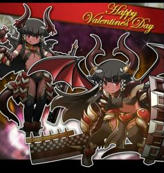 Rule 34 | 2girls, :q, armor, black legwear, blush stickers, breasts, cape, character request, cleaver, dark-skinned female, dark skin, demon girl, demon wings, faulds, hair tubes, happy valentine, heart, horn ornament, horn ribbon, horns, long hair, matsuda yuusuke, mini wings, multiple girls, red eyes, ribbon, shield, small breasts, smile, spikes, tail, thighhighs, tongue, tongue out, weapon, wings