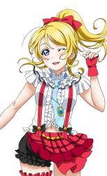 Rule 34 | 1girl, artist request, ayase eli, blonde hair, blue eyes, blush, bokura wa ima no naka de, bow, earrings, fingerless gloves, frills, gloves, hair bow, jewelry, long hair, looking at viewer, love live!, love live! school idol festival, love live! school idol festival after school activity, love live! school idol project, navel, necktie, official art, one eye closed, open mouth, parted bangs, plaid, ponytail, puffy shorts, shorts, smile, solo, suspenders, teeth, transparent background