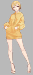Rule 34 | 1girl, bad id, bad pixiv id, blonde hair, grey background, hair between eyes, hands in pockets, highres, js (wlstjd9595), open mouth, original, purple eyes, short hair, simple background, solo, standing, sweater, yellow sweater