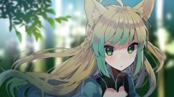 Rule 34 | 1girl, atalanta (fate), bad id, bad pixiv id, blonde hair, blunt bangs, blurry, blush, day, depth of field, fate/grand order, fate (series), floating hair, gradient hair, green eyes, green hair, ikeuchi tanuma, long hair, looking at viewer, multicolored hair, outdoors, parted lips, portrait, upper body