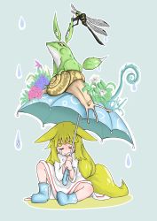 Rule 34 | 1girl, = =, absurdres, animal ears, blonde hair, blue background, blue footwear, boots, bug, closed mouth, crying, doitsuken, dragonfly, dress, ears down, closed eyes, flower, fox child (doitsuken), fox ears, fox tail, frog, grass, highres, holding, holding umbrella, hydrangea, insect, long hair, on ground, original, outline, rubber boots, simple background, sitting, snail, solo, tail, tears, umbrella, water drop, white dress, white outline