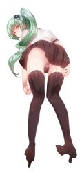 Rule 34 | 1girl, absurdres, alternate costume, alternate hairstyle, bad id, bad pixiv id, bent over, black thighhighs, blush, frog hair ornament, from behind, full body, green hair, hair ornament, high heels, highres, kochiya sanae, lani (pink  pink), looking at viewer, looking back, miniskirt, panties, pantyshot, parted lips, ponytail, pussy juice, shirt, short sleeves, side ponytail, simple background, skirt, solo, sweatdrop, thighhighs, touhou, underwear, white background, yellow eyes