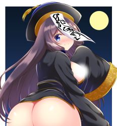 Rule 34 | 1girl, absurdres, ass, ass focus, azur lane, black hair, black hat, black shirt, blue hat, blush, bottomless, breasts, closed mouth, commentary request, full moon, hand up, hat, highres, jiangshi costume, kamishiro (rsg10679), large breasts, light censor, long hair, long island (azur lane), long sleeves, looking at viewer, looking back, moon, nose blush, ofuda, qingdai guanmao, shirt, sleeves past fingers, sleeves past wrists, smile, solo, very long hair