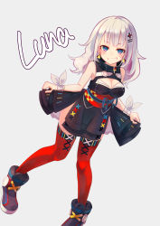 Rule 34 | 1girl, blue eyes, brat (brabrabrat00), breasts, character name, cleavage, cleavage cutout, clenched teeth, clothing cutout, earrings, full body, grey background, hair down, hair ornament, highres, jewelry, kaguya luna, looking at viewer, medium breasts, obi, red thighhighs, sash, short hair, silver hair, simple background, sleeveless, smile, solo, teeth, the moon studio, thighhighs, v-shaped eyebrows, virtual youtuber
