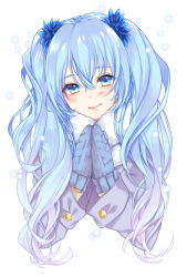 Rule 34 | 1girl, blue eyes, blue flower, blue hair, blue theme, buttons, closed mouth, coat, cropped torso, eyelashes, flower, fur-trimmed coat, fur trim, grey coat, hair between eyes, hair flower, hair ornament, hands up, happy, hatsune miku, head tilt, highres, light blush, light smile, lips, long hair, long sleeves, looking at viewer, mittens, own hands together, simple background, snow, solo, tareme, twintails, vocaloid, white background, winter clothes, yuki miku, yumari nakura