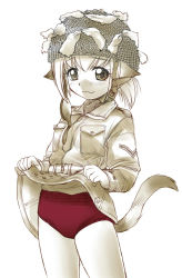 Rule 34 | 1girl, :3, animal ears, blush, breast pocket, buruma, cat ears, cat tail, closed mouth, clothes lift, copyright request, ebifly, helmet, jacket, jacket lift, lifting own clothes, long sleeves, looking at viewer, military, monochrome, pocket, scarf, short hair, simple background, solo, spot color, standing, tail, white background