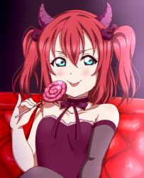 Rule 34 | 10s, 1girl, :p, bare shoulders, blush, breasts, candy, choker, closed mouth, commentary, couch, demon horns, elbow gloves, fake horns, food, gloves, green eyes, hair between eyes, hair ribbon, holding, holding food, horns, kurosawa ruby, lollipop, love live!, love live! school idol festival, love live! sunshine!!, parted bangs, red hair, ribbon, sleeveless, small breasts, smile, smug, solo, sooki, swirl lollipop, tongue, tongue out, twintails, two side up, upper body