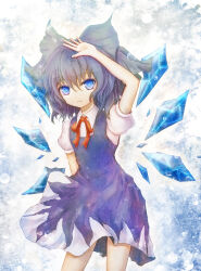 Rule 34 | 1girl, arm up, blue bow, blue dress, blue eyes, blue hair, bow, breasts, cirno, closed mouth, cowboy shot, detached wings, dress, hair bow, highres, ice, ice wings, looking at viewer, medium hair, neck ribbon, pinafore dress, puffy short sleeves, puffy sleeves, red ribbon, ribbon, shippu man, shirt, short sleeves, sleeveless dress, small breasts, solo, touhou, white shirt, wings
