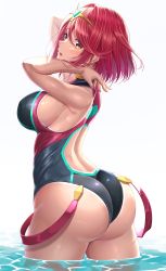 Rule 34 | 1girl, absurdres, arms up, ass, ass focus, back, bare shoulders, black one-piece swimsuit, blush, breasts, competition swimsuit, highleg, highleg swimsuit, highres, large breasts, leotard, looking at viewer, looking back, nemunemu semi, one-piece swimsuit, open mouth, partially submerged, pyra (pro swimmer) (xenoblade), pyra (xenoblade), red eyes, red hair, red one-piece swimsuit, short hair, solo, swept bangs, swimsuit, thighs, tiara, two-tone swimsuit, wading, water, wet, xenoblade chronicles (series), xenoblade chronicles 2