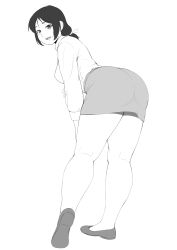 Rule 34 | 1girl, ass, collared shirt, commentary request, dress shirt, from behind, full body, greyscale, hair ribbon, highres, long hair, long sleeves, looking at viewer, looking back, low-tied long hair, mature female, miniskirt, monochrome, nemui333, office lady, open mouth, original, pencil skirt, ribbon, round teeth, shirt, shirt tucked in, simple background, skirt, standing, teeth, thick thighs, thighs, tongue, upper teeth only, white background