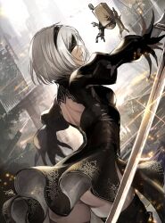 Rule 34 | 1girl, 2b (nier:automata), ass, back cutout, black blindfold, black dress, black hairband, blindfold, blurry, blurry background, clothing cutout, commentary request, dress, glint, hairband, holding, holding sword, holding weapon, medium hair, nier:automata, nier (series), nijihayashi, parted lips, pod (nier:automata), puffy sleeves, sword, weapon, white hair