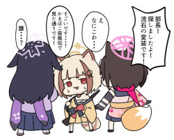 Rule 34 | 3girls, animal ears, arata (blue archive), black skirt, blonde hair, blue archive, brown eyes, brown kimono, brown skirt, chibi, commentary request, fox ears, fox girl, fox tail, halo, izuna (blue archive), japanese clothes, kimono, long hair, multicolored hair, multiple girls, nyaru (nyaru 4126), off shoulder, open mouth, pleated skirt, red eyes, sarashi, simple background, skirt, standing, streaked hair, sweat, tail, translation request, tsukuyo (blue archive), very long hair, white background