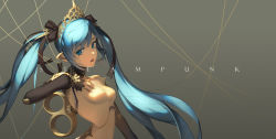 Rule 34 | 1girl, :o, arm up, black ribbon, blue eyes, blue hair, breasts, copyright request, crying, crying with eyes open, doll joints, gears, grey background, hair ribbon, hand on own chest, highres, joints, long hair, looking at viewer, nu3, open mouth, pointy ears, puppet strings, ribbon, simple background, small breasts, solo, sweat, tears, tiara, twintails, upper body, very long hair, winding key
