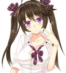 Rule 34 | 1girl, :&lt;, ashu, black hair, breasts, collarbone, collared shirt, hair ribbon, head tilt, himekaidou hatate, large breasts, looking at viewer, necktie, purple eyes, ribbon, shirt, simple background, sleeves rolled up, solo, touhou, twintails, two side up, upper body, v, white background, white shirt