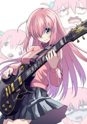 Rule 34 | black skirt, blue eyes, bocchi the rock!, breasts, commentary request, cowboy shot, cube hair ornament, drooling, electric guitar, gibson les paul, gloom (expression), gotoh hitori, guitar, hair ornament, hand up, highres, holding, holding plectrum, instrument, jacket, long hair, long sleeves, looking at viewer, medium breasts, multiple views, music, pink hair, pink jacket, playing instrument, pleated skirt, plectrum, run p (aveton), serious, side ahoge, sidelocks, skirt, sweat, track jacket, wavy mouth, white background