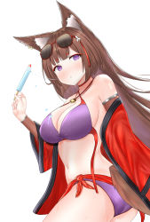 Rule 34 | 1girl, absurdres, amagi (azur lane), animal ear fluff, animal ears, armpit crease, ass, azur lane, bare shoulders, bikini, blunt bangs, blush, breasts, bridal gauntlets, brown hair, choker, cleavage, coat, commentary request, cowboy shot, eyewear on head, food, food on body, food on breasts, fox ears, fox tail, hair ornament, halterneck, highres, holding, holding food, japanese clothes, jewelry, korean commentary, large breasts, long hair, looking at viewer, midriff, navel, necklace, off-shoulder coat, off shoulder, popsicle, purple bikini, purple eyes, red choker, red coat, red sash, sakuramon, saliva, saliva trail, sash, sidelocks, simple background, solo, standing, sunglasses, sunglasses on head, sweat, swimsuit, tail, thick eyebrows, twisted torso, untied bikini, white background, wide sleeves, woon