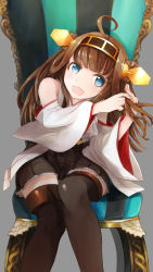 Rule 34 | 10s, 1girl, :d, adjusting hair, ahoge, bad id, bad pixiv id, bare shoulders, blouse, boots, brown hair, chair, comah, comb, detached sleeves, double bun, grey background, hair bun, hair ornament, hairband, headgear, highres, japanese clothes, kantai collection, kongou (kancolle), leaning forward, long hair, looking at viewer, nontraditional miko, open mouth, pleated skirt, shirt, sitting, skirt, smile, solo, thigh boots, thighhighs, zettai ryouiki