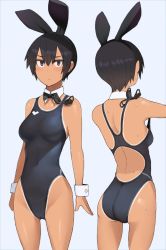 Rule 34 | 1girl, animal ears, ass, black eyes, black hair, blush, bow, breasts, cameltoe, closed mouth, commentary, competition swimsuit, covered navel, dark skin, detached collar, fake animal ears, goggles, highleg, highleg swimsuit, kuronami (lvi), looking at viewer, lvi, medium breasts, multiple views, nervous, one-piece swimsuit, one-piece tan, original, playboy bunny swimsuit, rabbit ears, short hair, standing, sweatdrop, swimsuit, tan, tanline, unworn goggles, wet, wrist cuffs