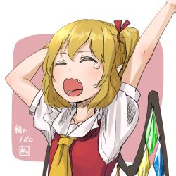 Rule 34 | 1girl, arms up, ascot, blonde hair, blush, colorized, crystal, closed eyes, fang, flandre scarlet, hair ribbon, kitano (kitanosnowwhite), no headwear, no headwear, open mouth, pointy ears, puffy sleeves, ribbon, shirt, short hair, short sleeves, sketch, solo, tears, touhou, upper body, vest, watermark, wings, yawning