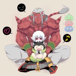 Rule 34 | 1boy, 1girl, colored skin, dragon quest, dragon quest x, elf, elf (dq10), full body, heart, lap, long hair, muscular, musical note, ogre (dq10), pointy ears, puklipo, quaver, red eyes, red skin, short hair, simple background, sitting, sitting on person, size difference, slime (dragon quest), smile, speech bubble, spikes, spoken heart, spoken musical note, tail, white hair