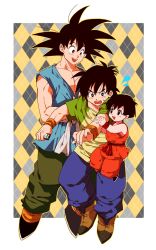 Rule 34 | 1girl, 2boys, :d, annoyed, belt, black eyes, black hair, boots, cellphone, child, dougi, dragon ball, dragonball z, father and son, floating, frown, full body, green shirt, happy, looking at another, martial arts belt, multicolored background, multiple boys, open mouth, pan (dragon ball), phone, shirt, short hair, sleeveless, smile, son goku, son goten, spiked hair, sweatdrop, transparent background, uncle and niece, white background, wristband
