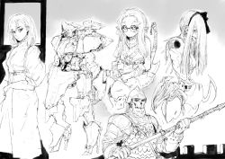 Rule 34 | 1boy, 3girls, amputee, no arms, armor, axe, battlement, black hairband, blush, breasts, closed mouth, creature, dress, eyebrows, forehead, gauntlets, glasses, gloves, greyscale, hairband, helmet, highres, holding, long hair, looking at viewer, mask, mecha, megrim haruyo, monochrome, multiple girls, no arms, original, pointy ears, polearm, robot, sitting, sketch, skull mask, small breasts, spear, tongue, weapon