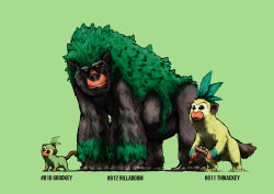 Rule 34 | :3, absurdres, all fours, animal focus, blacknirrow, brown eyes, character name, closed mouth, creatures (company), english text, evolutionary line, full body, game freak, gen 8 pokemon, gorilla, green background, green hair, green theme, grookey, highres, holding, holding stick, leaf, long hair, looking at viewer, monkey, nintendo, no humans, pokedex number, pokemon, pokemon (creature), realistic, red eyes, rillaboom, simple background, sketch, standing, stick, thwackey, very long hair