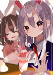 Rule 34 | 3girls, :t, absurdres, animal ears, blazer, blurry, blurry background, blurry foreground, blush, brown hair, closed eyes, depth of field, eating, food, hair between eyes, highres, holding, houraisan kaguya, inaba tewi, jacket, long hair, long sleeves, looking at viewer, multiple girls, necktie, parfait, pov, pov hands, rabbit ears, red eyes, reisen udongein inaba, shion 343, shirt, simple background, solo focus, touhou, upper body, white background, white shirt, ||/
