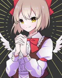 Rule 34 | 1girl, blonde hair, bow, bowtie, brown vest, center frills, closed mouth, collared shirt, frilled shirt collar, frills, gengetsu (touhou), interlocked fingers, juliet sleeves, kumeri0804, long sleeves, open clothes, open vest, own hands clasped, own hands together, puffy sleeves, red bow, red bowtie, red skirt, shirt, skirt, smile, solo, touhou, touhou (pc-98), vest, white wings, wings, yellow eyes