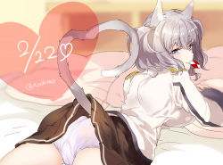 Rule 34 | 10s, 1girl, :3, animal ears, bad id, bad pixiv id, bed, cat ears, cat tail, dated, from behind, heart, kantai collection, kashima (kancolle), kemonomimi mode, looking at viewer, looking back, lying, mouth hold, nochita shin, on bed, on stomach, panties, pillow, pleated skirt, purple eyes, purple panties, school uniform, short hair, silver hair, skirt, smile, solo, tail, twitter username, underwear