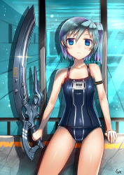 Rule 34 | 1girl, barcode, blue eyes, blue hair, female focus, gia, matching hair/eyes, one-piece swimsuit, original, short hair, short ponytail, side ponytail, solo, swimsuit, sword, weapon