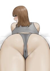 Rule 34 | 1girl, absurdres, anus, anus peek, ass, ass focus, blush, bra, brown eyes, brown hair, cameltoe, commentary, cowboy shot, from behind, grey bra, grey panties, highres, looking at viewer, looking back, lying, medium hair, on stomach, original, panties, parted lips, partially visible vulva, pussy juice stain, simple background, smile, solo, sports bra, tantanmen72, underwear, white background