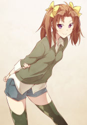 Rule 34 | 10s, 1girl, ahoge, alternate costume, arms behind back, breasts, brown hair, casual, e20, from side, green thighhighs, hair ribbon, highres, kagerou (kancolle), kantai collection, leaning, leaning forward, long hair, purple eyes, ribbon, shorts, simple background, small breasts, smile, solo, thighhighs, twintails