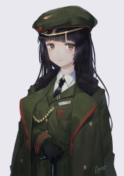 Rule 34 | 1girl, aiguillette, ano54, black hair, black necktie, blush, breast pocket, brown eyes, closed mouth, collared shirt, commentary request, green hat, green jacket, grey background, hat, highres, jacket, long hair, looking at viewer, military, military hat, military jacket, military uniform, necktie, original, peaked cap, pocket, revision, shirt, signature, simple background, solo, uniform, very long hair, white shirt