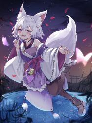 Rule 34 | 1girl, :d, absurdres, alba mofu, anbasa (amaneyuz13), animal ear fluff, animal ears, black pantyhose, boots, bug, butterfly, fox ears, fox girl, fox tail, frilled skirt, frills, full body, highres, insect, japanese clothes, kimono, kimono skirt, long sleeves, looking at viewer, off shoulder, open mouth, pantyhose, pond, purple eyes, sash, seventh happiness, short hair, skirt, smile, tail, torii, virtual youtuber, water, white hair, wide sleeves